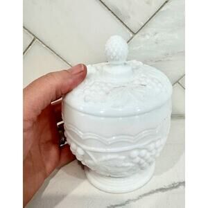 Vintage Milk Glass Grape Candy Dish with Lid Footed Apothecary Jar Vanity Decor